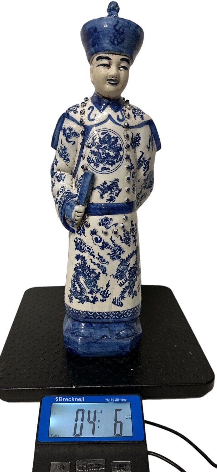 Antique Vintage Blue and white porcelain Statue Qing Dynasty Emperor 17.5” Tall