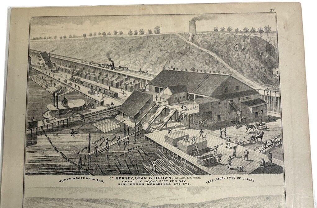 1874 illustrated historical Litho Of Timber Mills Stillwater Mn 17.5” x 14”