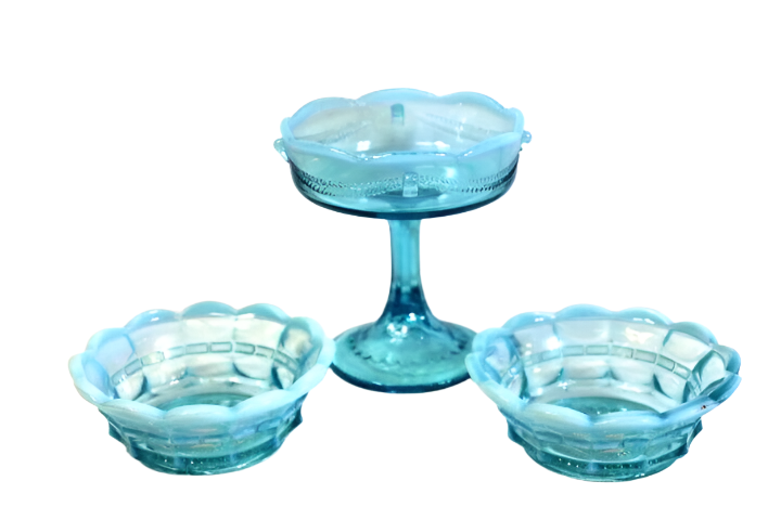 Lot of 3 Antique Northwood Glass Company Blue Opalescent Bowls Candy Dishes