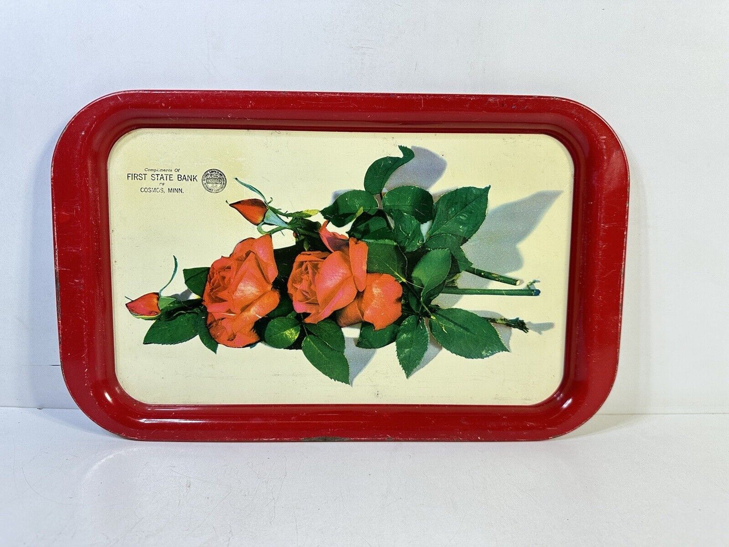 2 Vintage Metal Serving Tray’s Floral Red Rose Tray Red & Cream 14” Bank Advertising