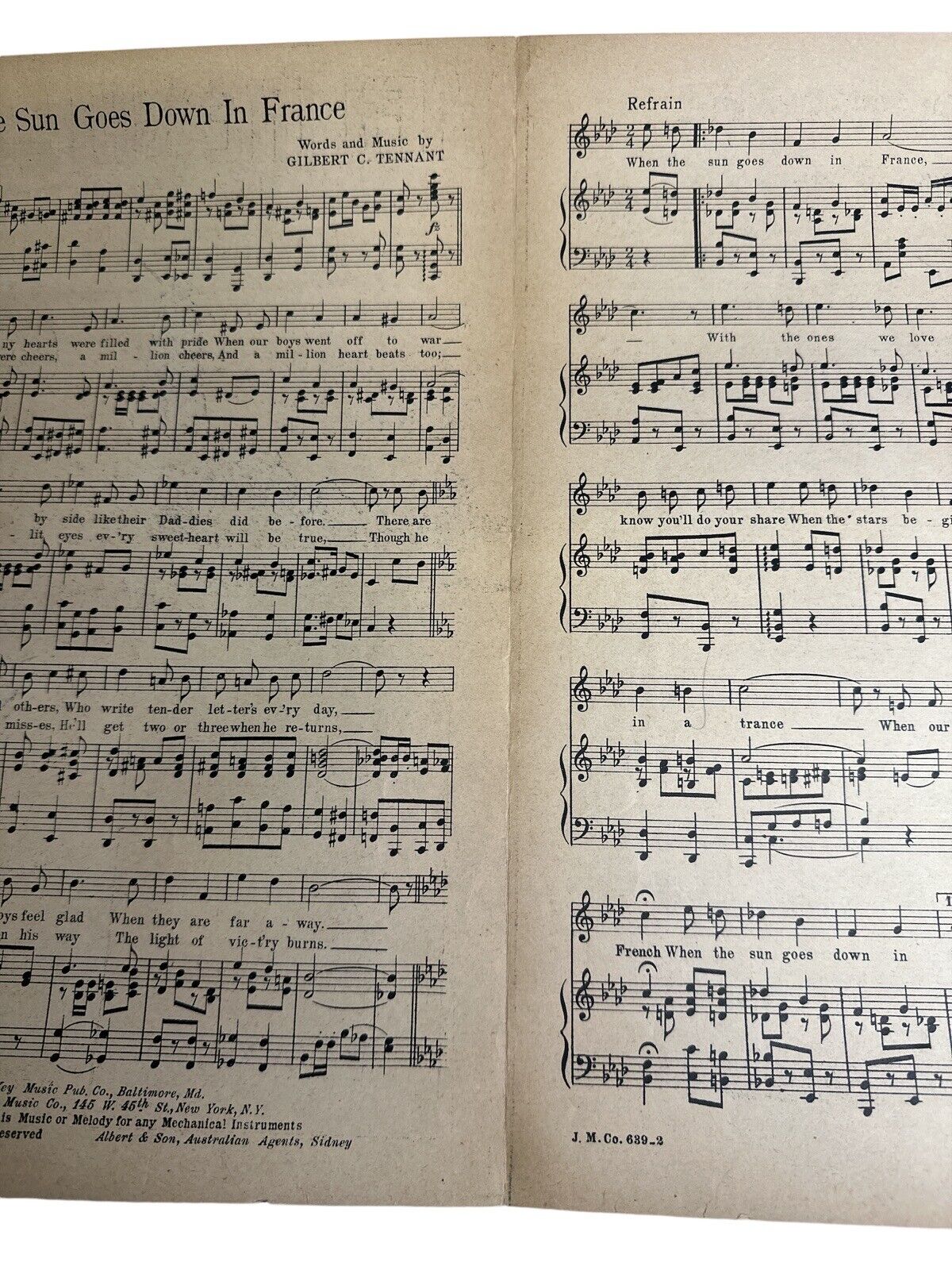 When The Sun Goes Down In France Antique 1918 Sheet Music Large Size