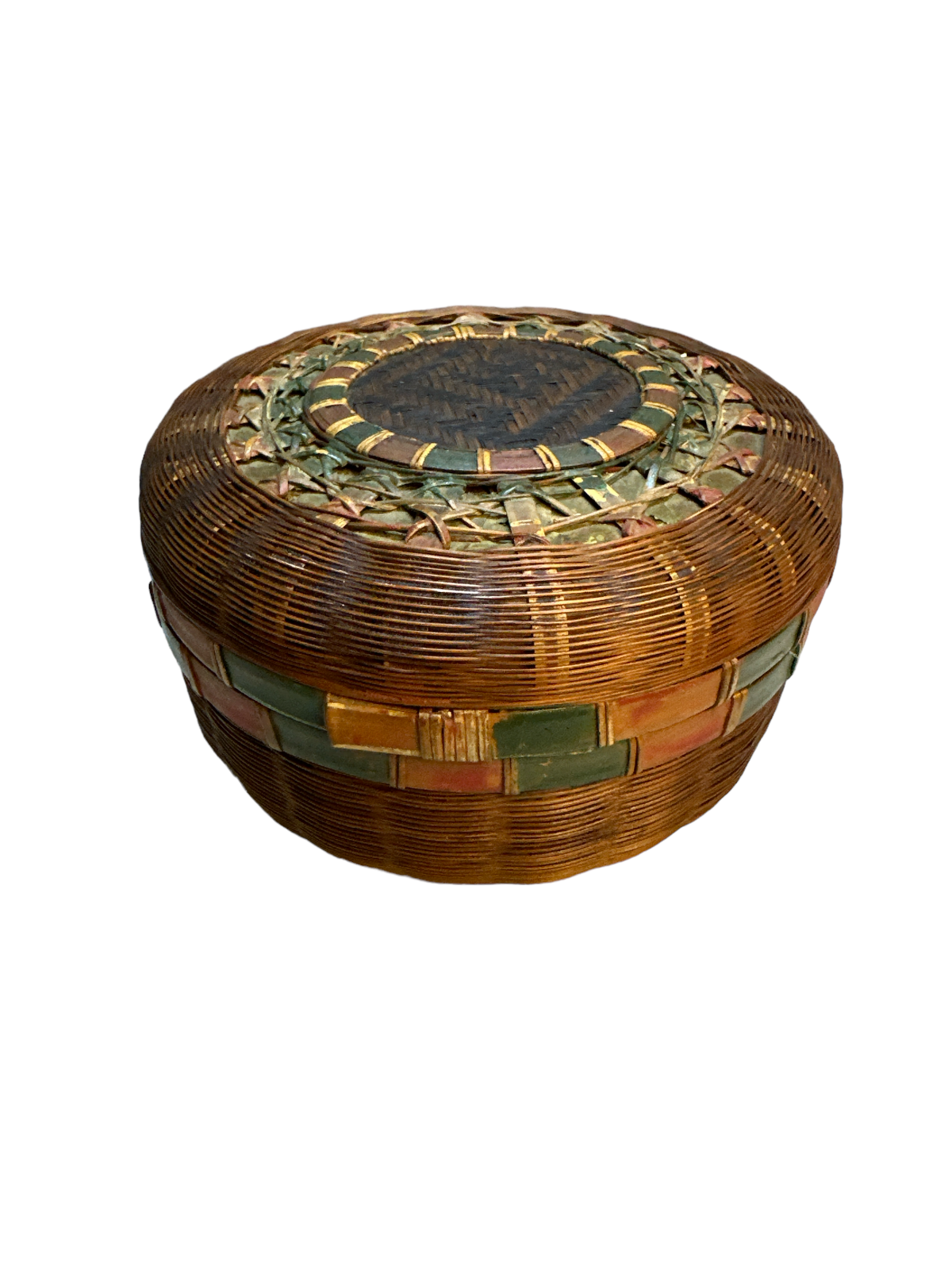 Vtg hand woven lot of 3 Wicker Round Painted Sewing decor Basket's with stand