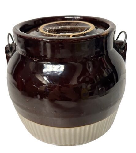 Antique Brown Cream Union Stoneware Redwing Old Bean Crock 7” X 6” Lid Included