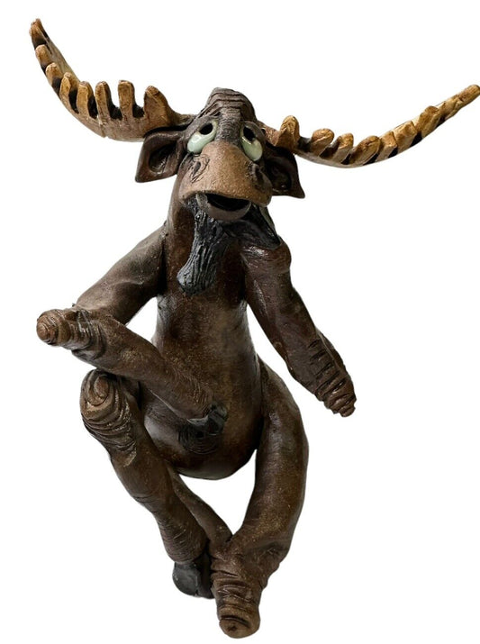Vtg Clay Art Carved Painted Enamel Eyes Animal Folk Art Moose Signed By Artist