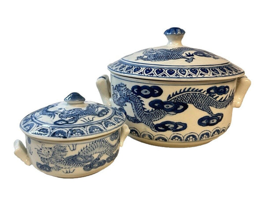 2 Vtg Chinese Lidded Bowl w Dragons Blue White Hand Painted Porcelain Decor