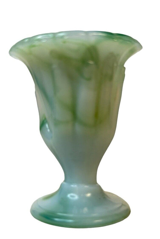 Vtg 1940 Akro Glass Agate Beggars Hand  #766 Green & White Slag Glass Miniature Vase