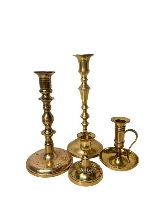 Vintage Lot Of 4  Brass Candle Holders And Sticks Mixed Lot Ages Types Nice