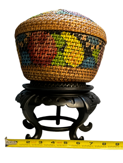 Vtg hand woven lot of 3 Wicker Round Painted Sewing decor Basket's with stand