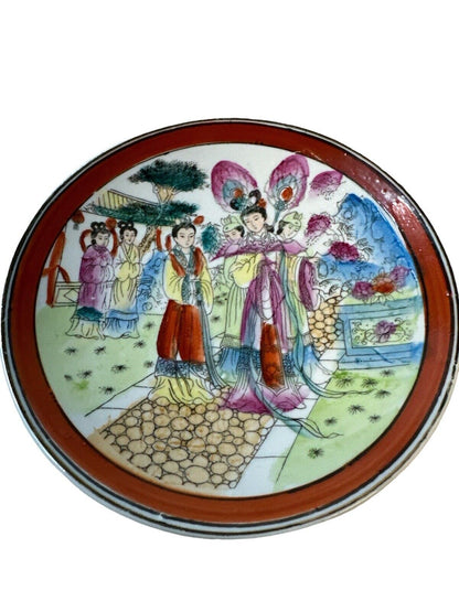 Pair Of Vtg 4.5" Japanese Scene Hand Painted Plates Pre-owned Fair Condition