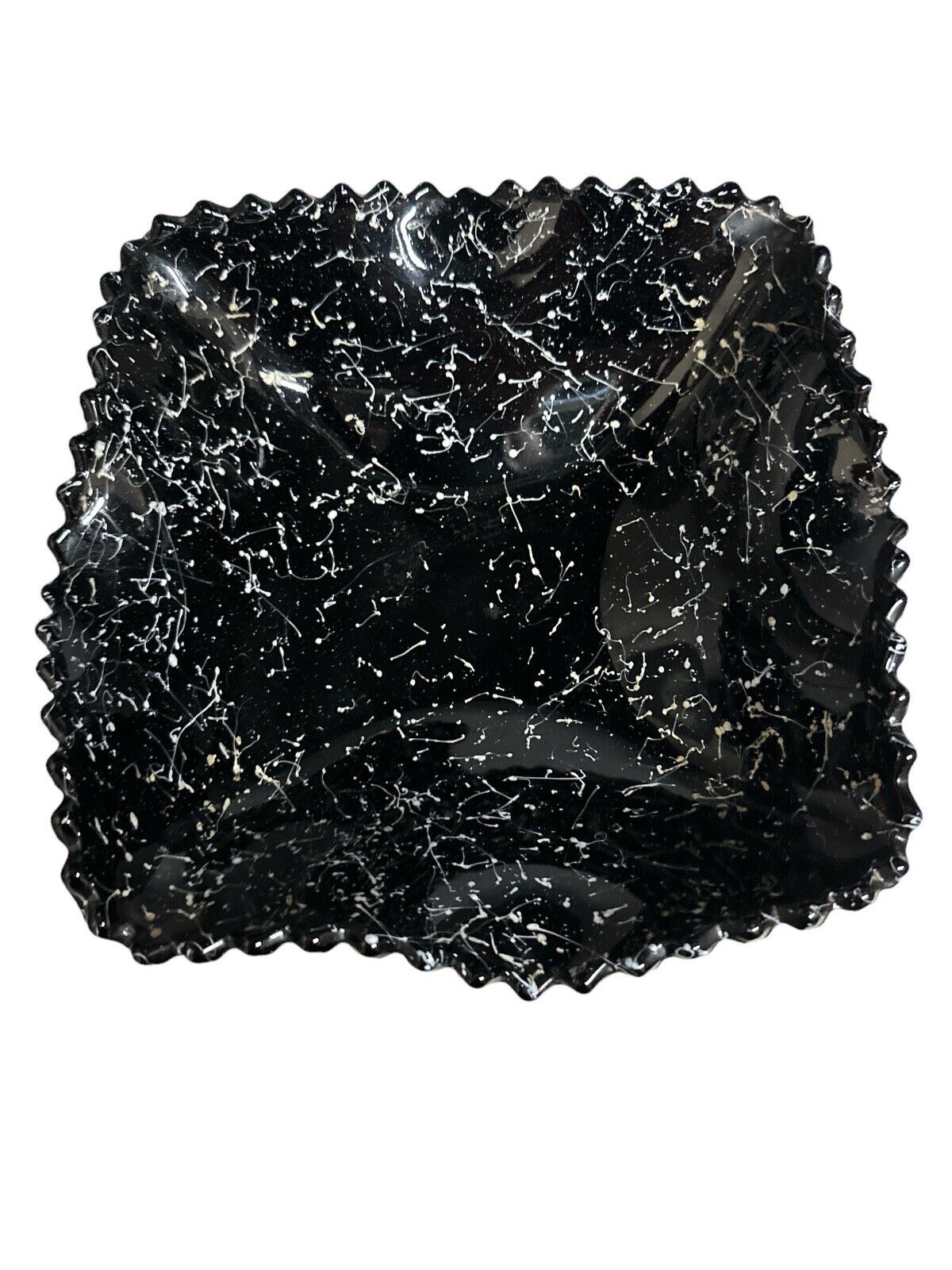 Vintage Black Confetti Ware Pedestal Fruit Bowl Diamond Point By L E Smith Glass