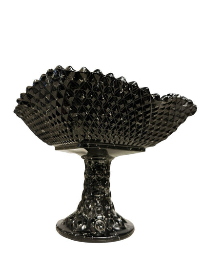 Vintage Black Confetti Ware Pedestal Fruit Bowl Diamond Point By L E Smith Glass