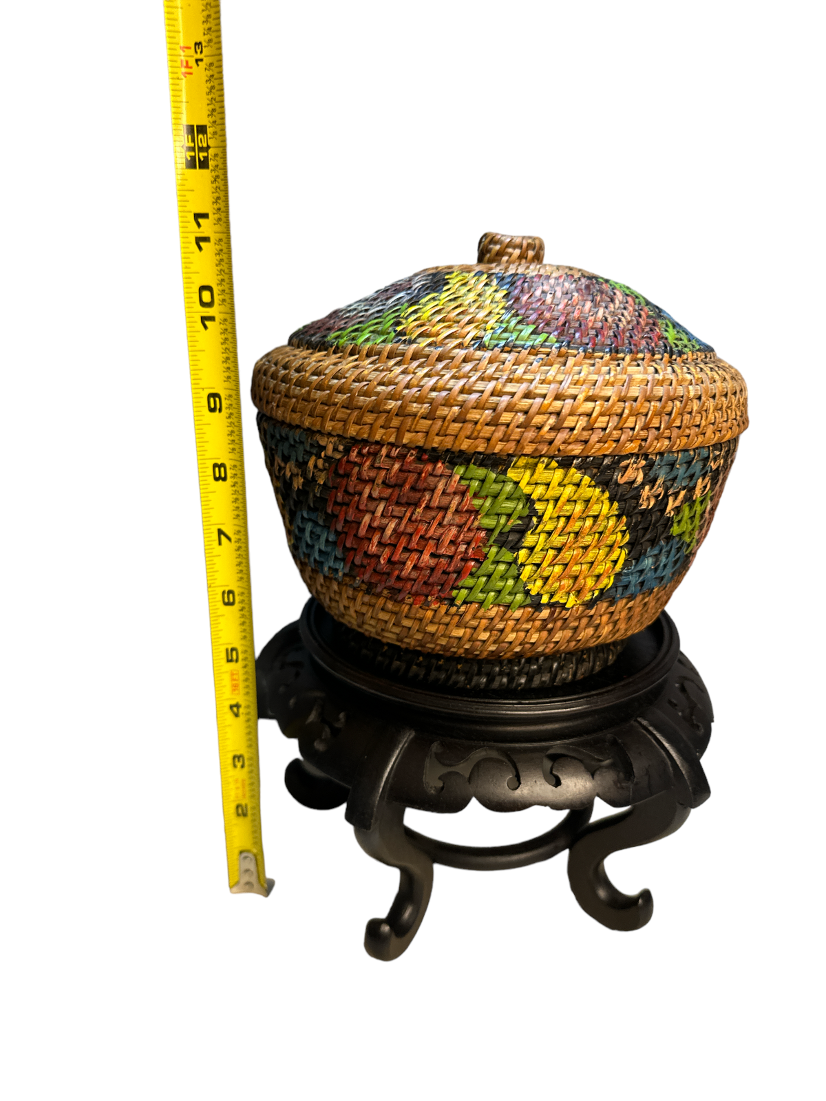 Vtg hand woven lot of 3 Wicker Round Painted Sewing decor Basket's with stand