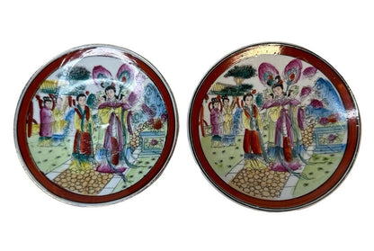 Pair Of Vtg 4.5" Japanese Scene Hand Painted Plates Pre-owned Fair Condition
