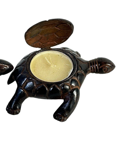 Lot of 2 Good Luck Mother and Baby Candle Incense Holder Bronzed Metal Turtles