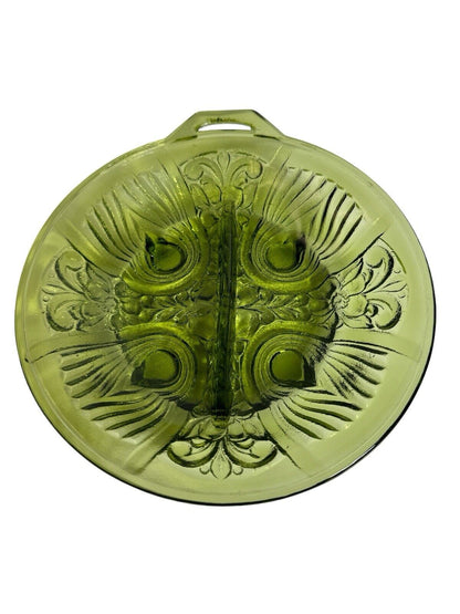 Vintage 1960’s Green Indiana Pressed Glass 2 Part Relish Dish Killarney