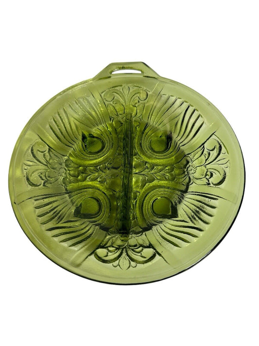 Vintage 1960’s Green Indiana Pressed Glass 2 Part Relish Dish Killarney