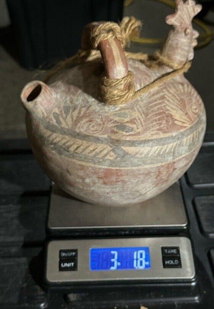 Primitive Mexican Pottery Water Jug Handmade & Hand Painted Unique Bird Design