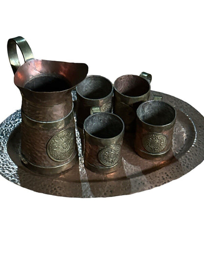 Aztec Mayan Calendar Tray, Cups, Pitcher Set Vintage Rare Old Copper & Brass