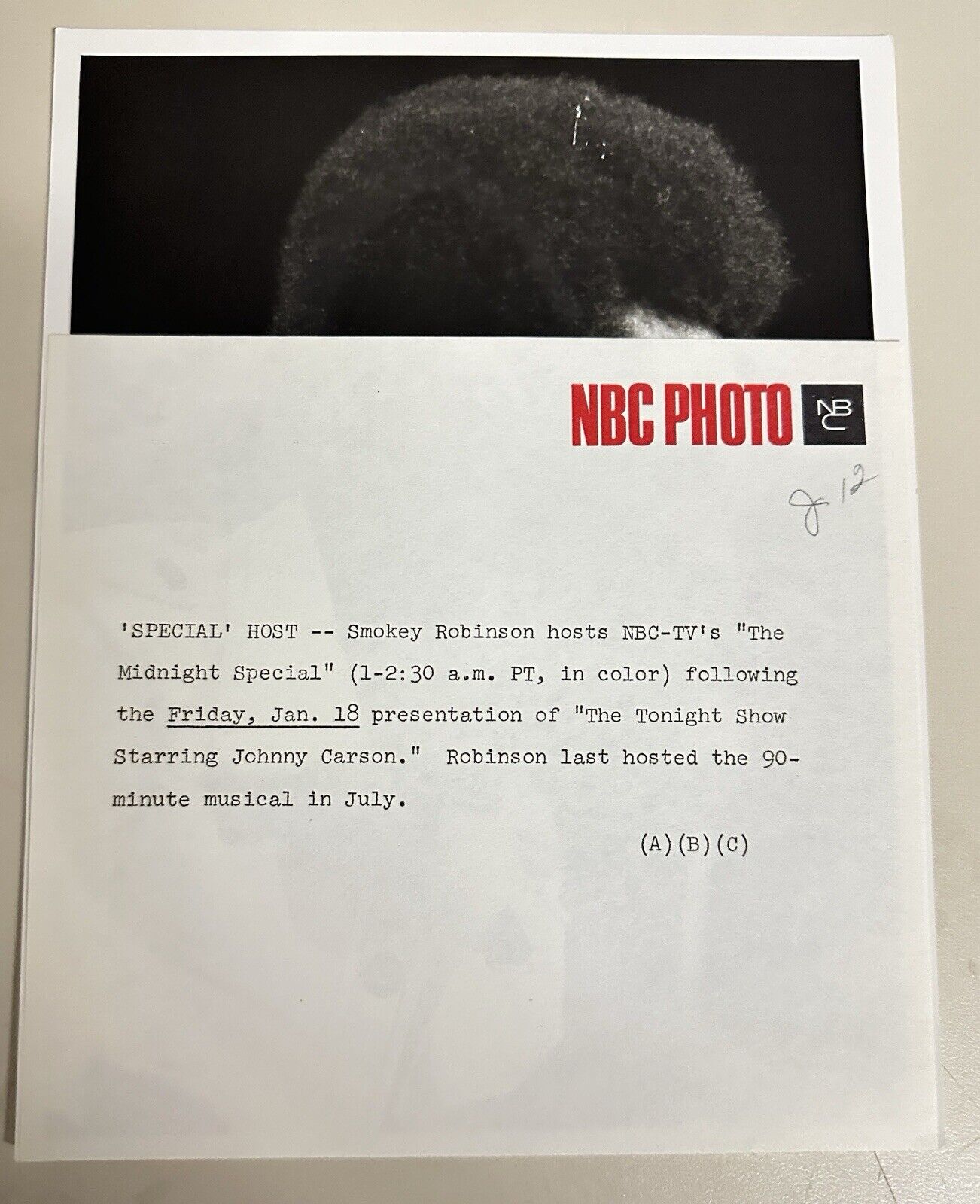 1974 Smokey Robinson Press Release Photo The Midnight Show NBC