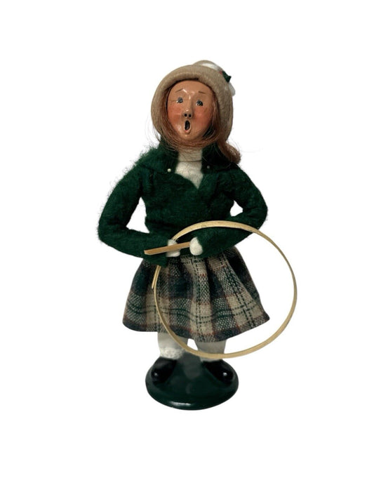 1990 Byers Choice Carolers Girl with a Wooden Hoop & Stick Toy