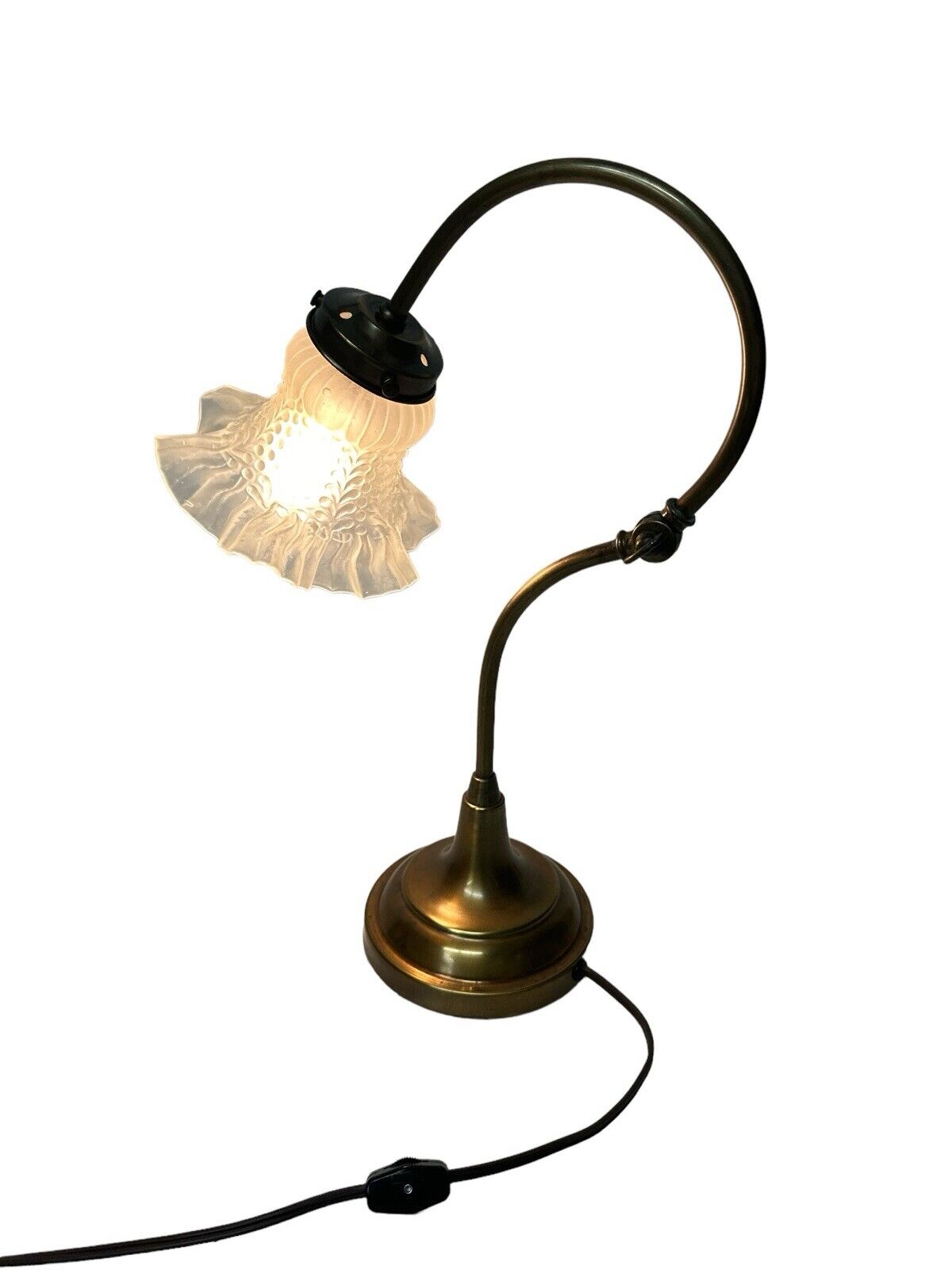 Vtg Brass 1930’s Art Nouveau Table Desk Piano Lamp With Elegant Glass Shade 15”