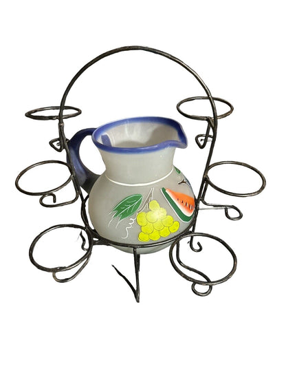 Vtg Handmade Blown & Painted Mexican Lemonade Pitcher 6 Glasses And Metal Holder