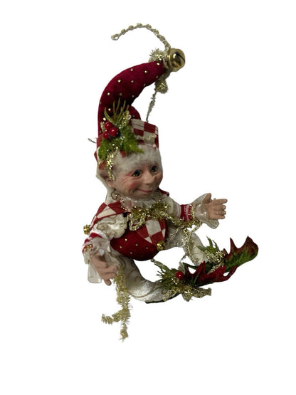 JESTER ELF DOLL Christmas Bendable Bells Mistle toe Checkered Ornament 9”-12”