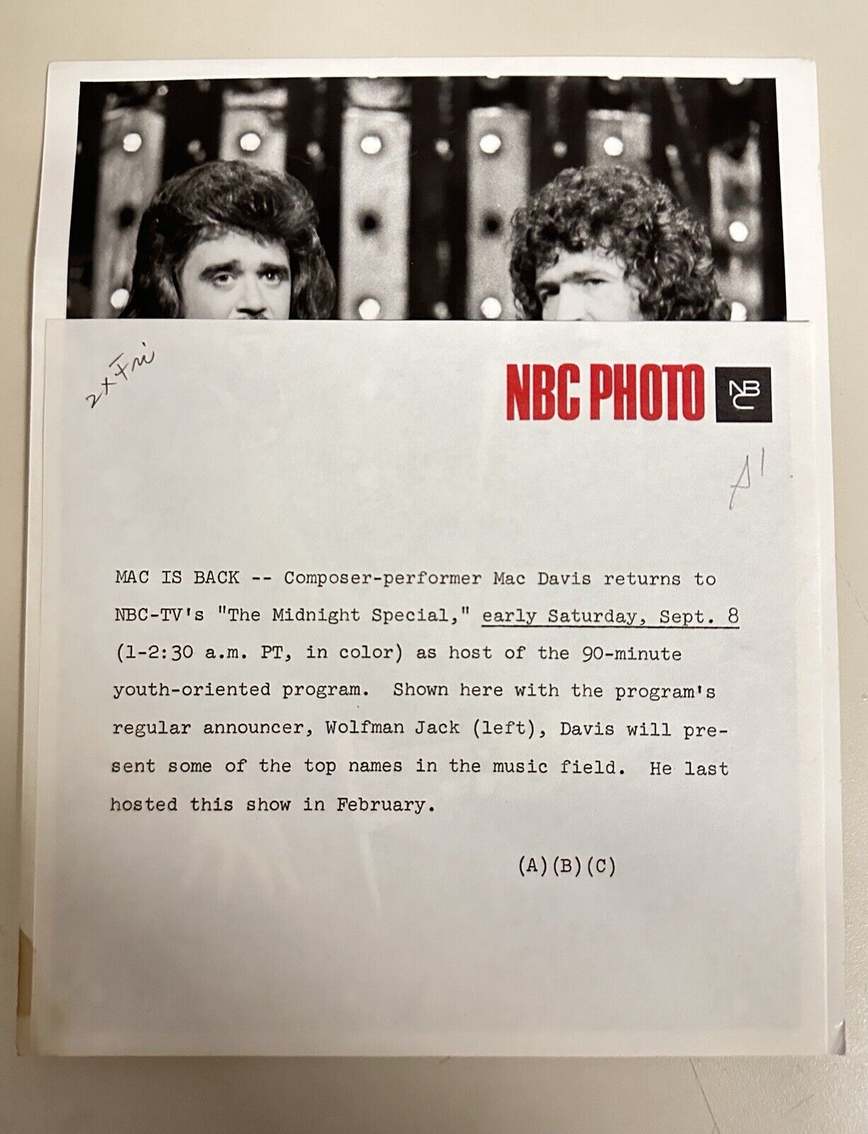 1973 Mac Davis & Wolfman Jack Press Release Photo The Midnight Show NBC