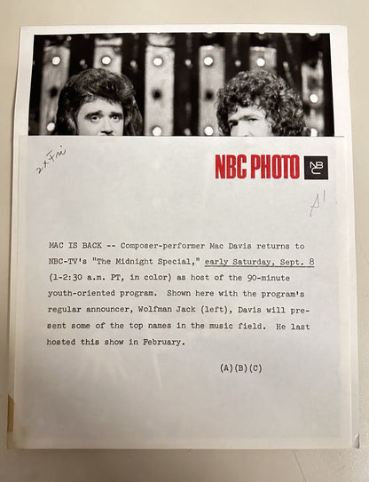 1973 Mac Davis & Wolfman Jack Press Release Photo The Midnight Show NBC