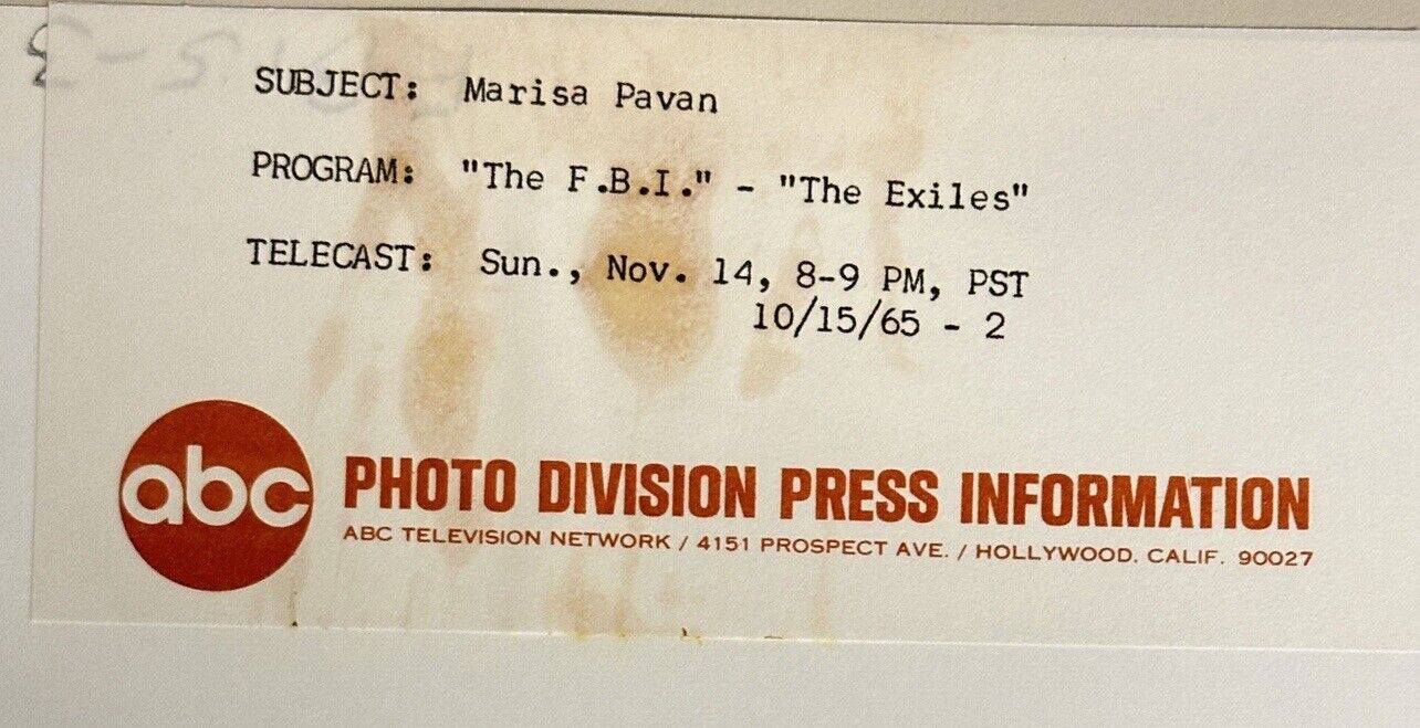 1965 Press Release Photo The FBI “The Exiles” Marisa Pavan