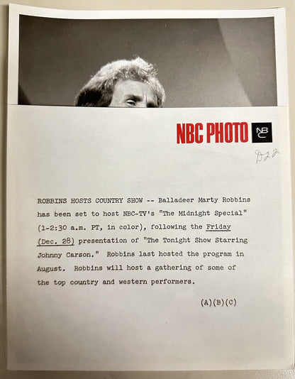 1973 Marty Robbins Press Release Photo The Midnight Show NBC