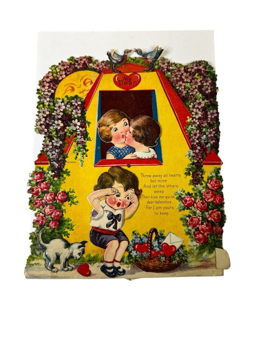 Adorable German Antique Vintage Pull-Tab Children’s Valentine’s Day Card 9” x 7”