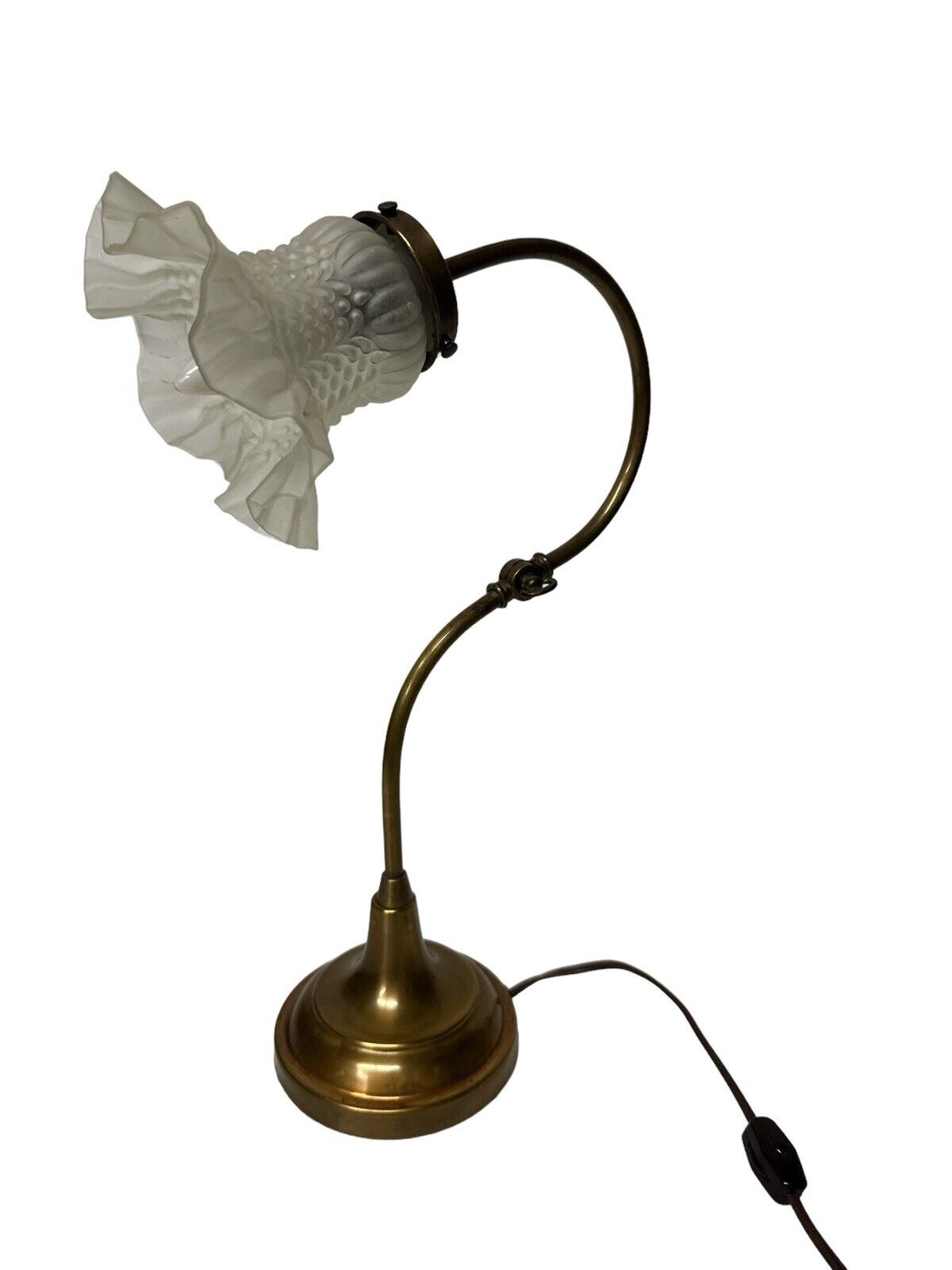 Vtg Brass 1930’s Art Nouveau Table Desk Piano Lamp With Elegant Glass Shade 15”