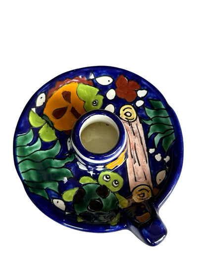 Handmade Painted signed  C. Hidalgo H. Mexico Terracotta Pottery Candlestick
