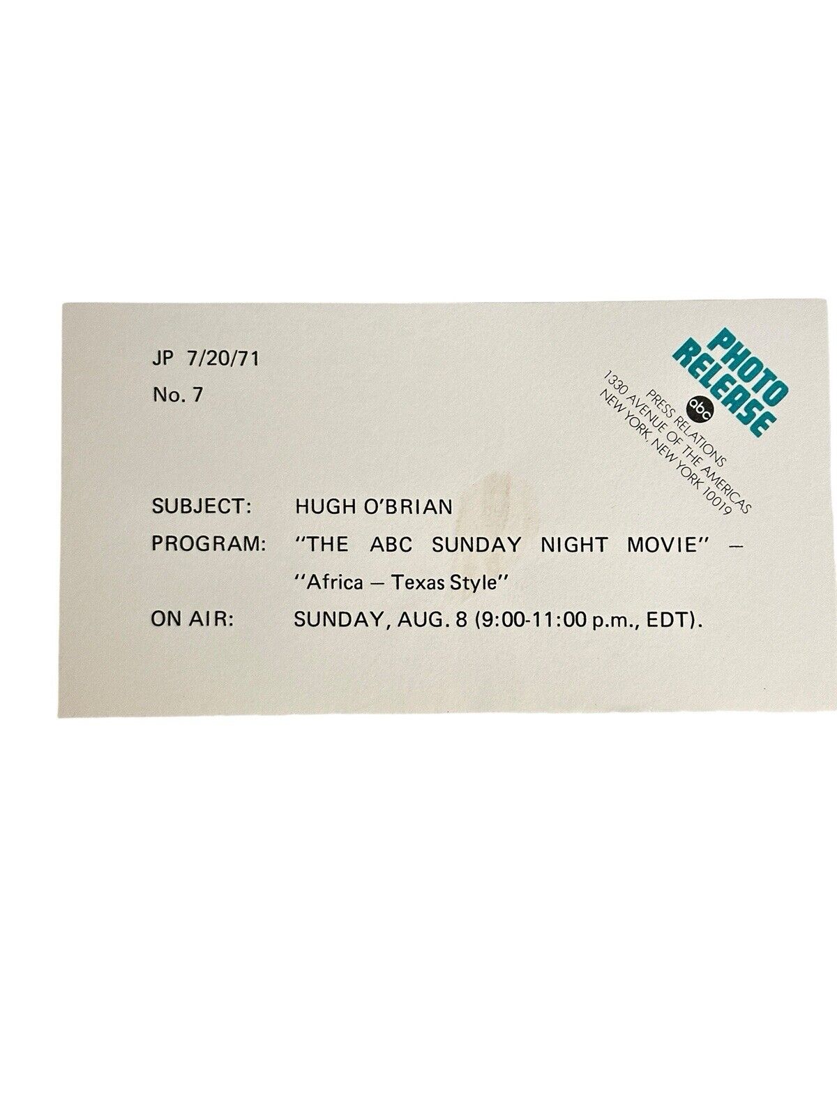 1971 ABC Press Release Photo Hugh O’Brian “ Africa Texas Style” 7” x 9”
