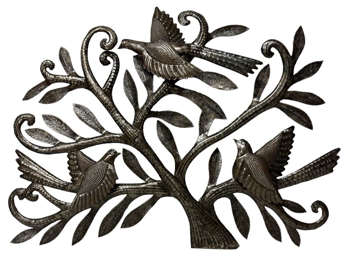 Vtg 1980’s Haitian Metal Art Decor Tree Doves Handmade Signed Cineus 20” X 17”