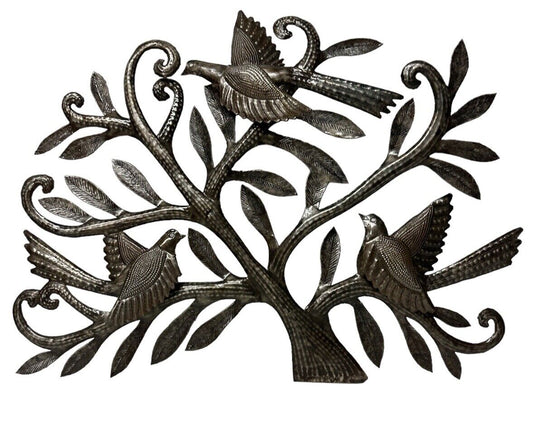 Vtg 1980’s Haitian Metal Art Decor Tree Doves Handmade Signed Cineus 20” X 17”