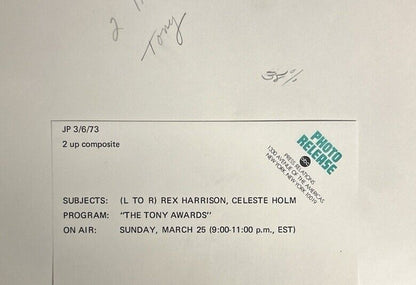 1973 Annual Tony Awards 1973 Press Release photo Rex Harrison & Celeste Holm
