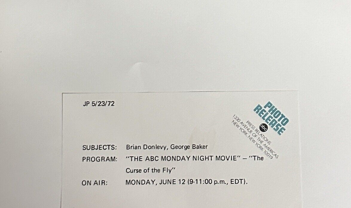 1972 ABC Monday Night Movie Press Release Photo 7”x9” The Curse Of The Fly
