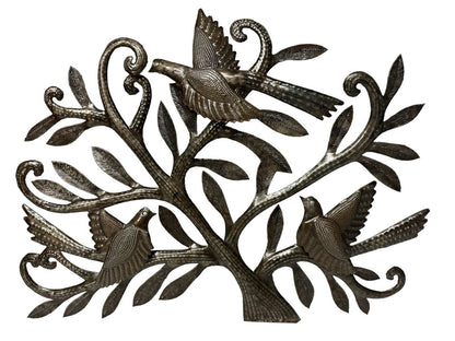 Vtg 1980’s Haitian Metal Art Decor Tree Doves Handmade Signed Cineus 20” X 17”
