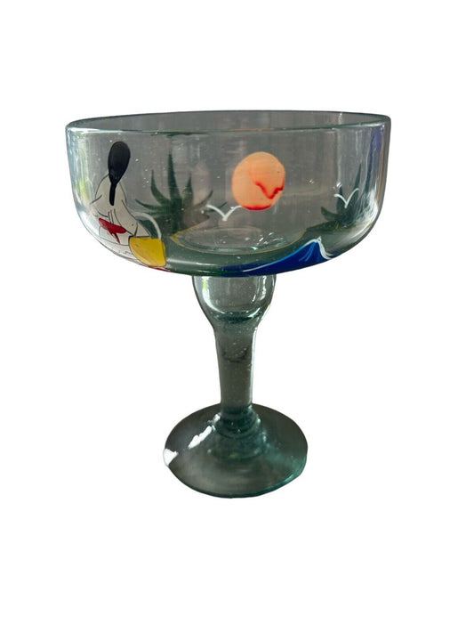 Authentic Blown Glass Hand Painted Margarita Barware Made In Mexico Tonala