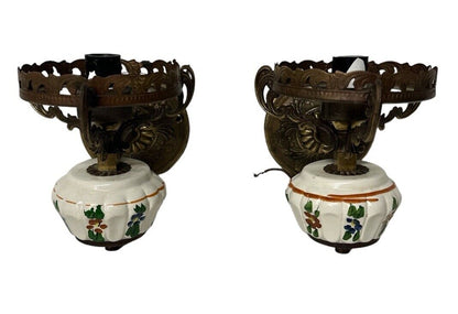 Rare Pair Of Early American Ceramic & Brass Wall Sconces Antique Vintage 1920’s
