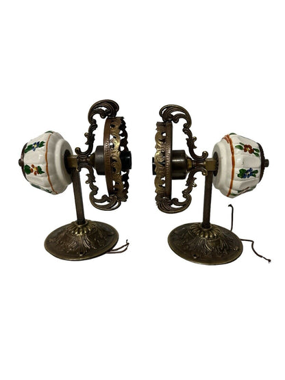 Rare Pair Of Early American Ceramic & Brass Wall Sconces Antique Vintage 1920’s