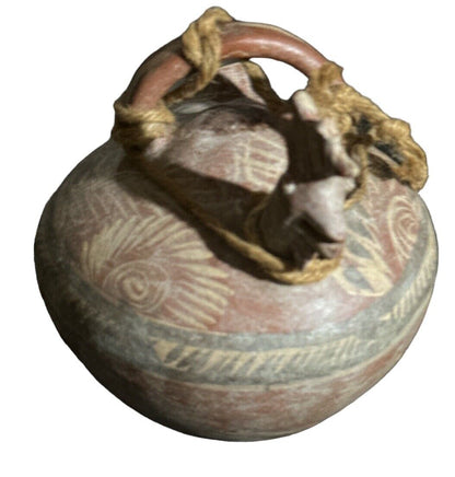 Primitive Mexican Pottery Water Jug Handmade & Hand Painted Unique Bird Design