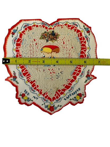 Vtg 1920s Valentine Unused Heart Flowers Kids Puppy Love Paper Lace Doily 7”x 7”