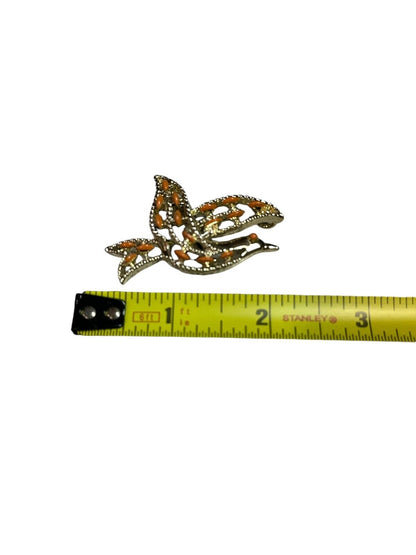 Vtg GERRY'S Dove Brooch Bird Pendant Gold Tone Orange Enamel Accent Flying Peace