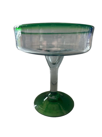 Vintage Authentic Mexican Hand Blown Margarita Glass Green Rim Cocktail 6.5”