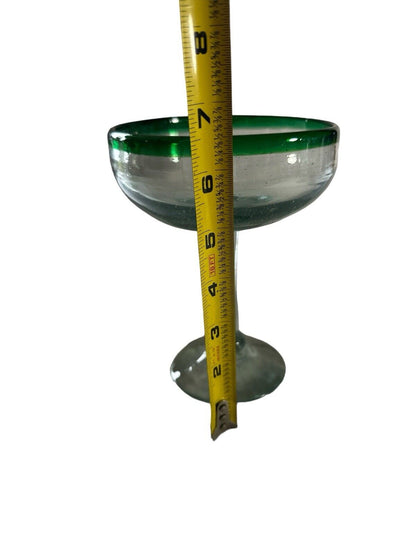 Vintage Authentic Mexican Hand Blown Margarita Glass Green Rim Cocktail 6.75”