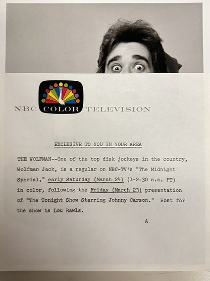 1973 DJ Wolfman Jack Authentic Press Release Photo The Midnight Show NBC