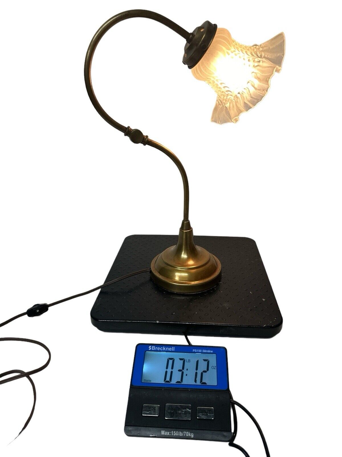 Vtg Brass 1930’s Art Nouveau Table Desk Piano Lamp With Elegant Glass Shade 15”